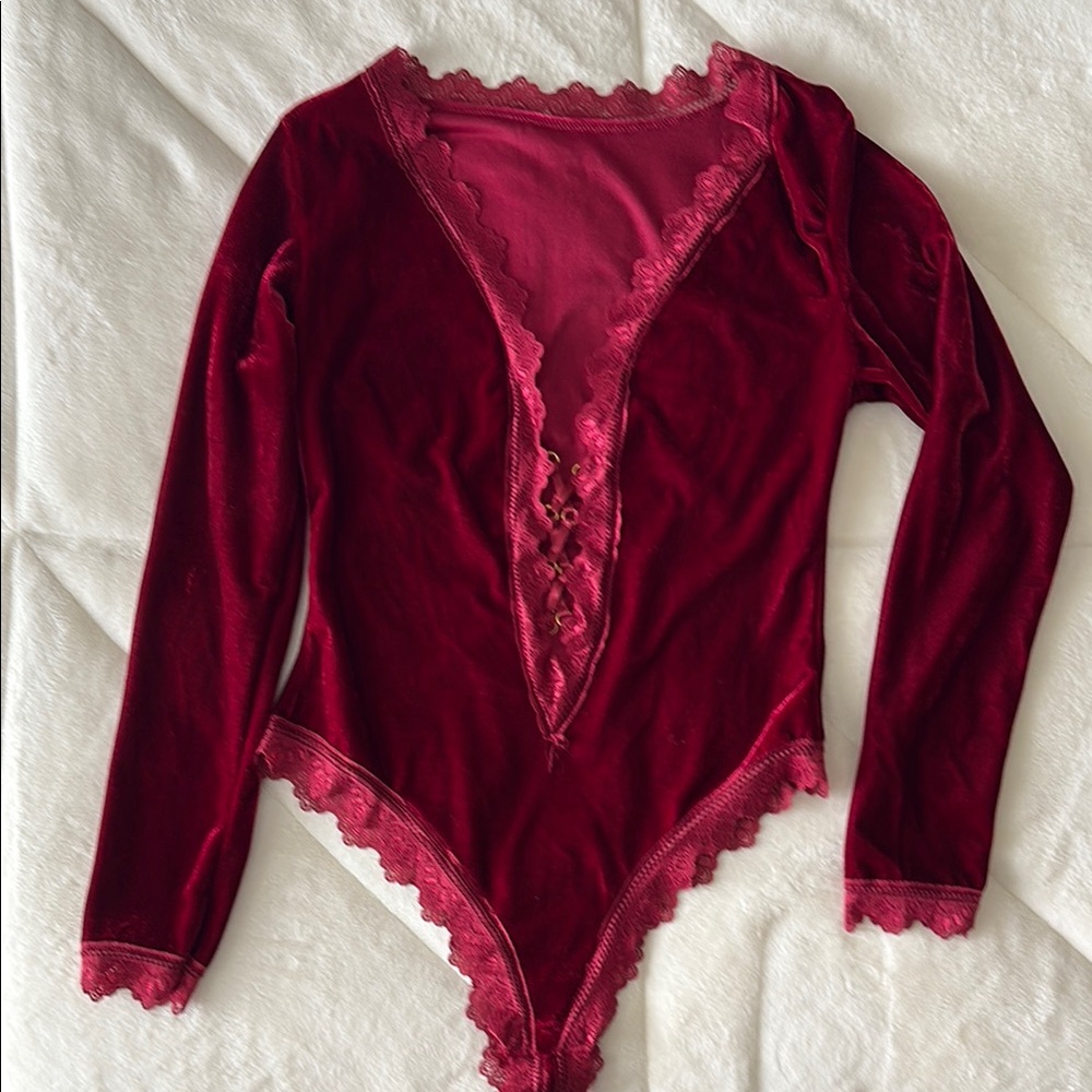 Elegant Red Lace Trim Bodysuit